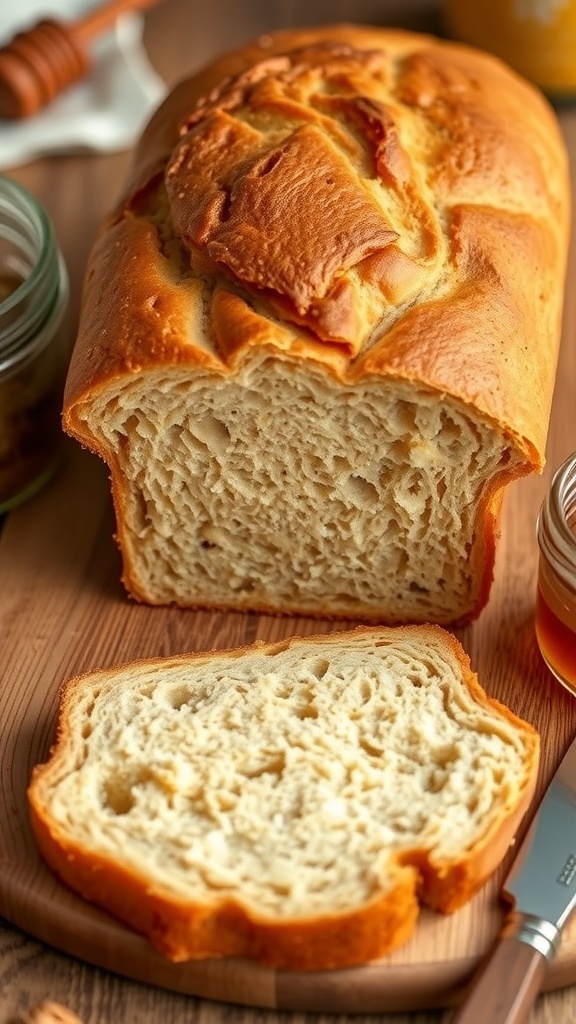 Honey Whole Wheat Bread Recipe A golden brown loaf of honey whole wheat bread sliced on a cutting board with honey and a butter knife.
